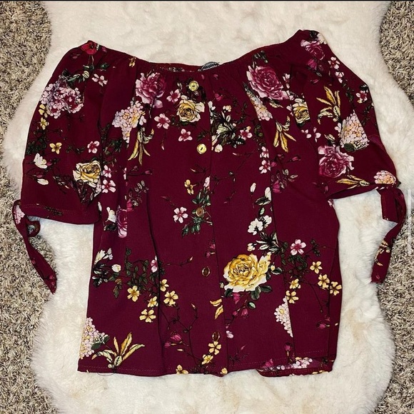 Burgundy Floral Off the Shoulder Top - Picture 1 of 1